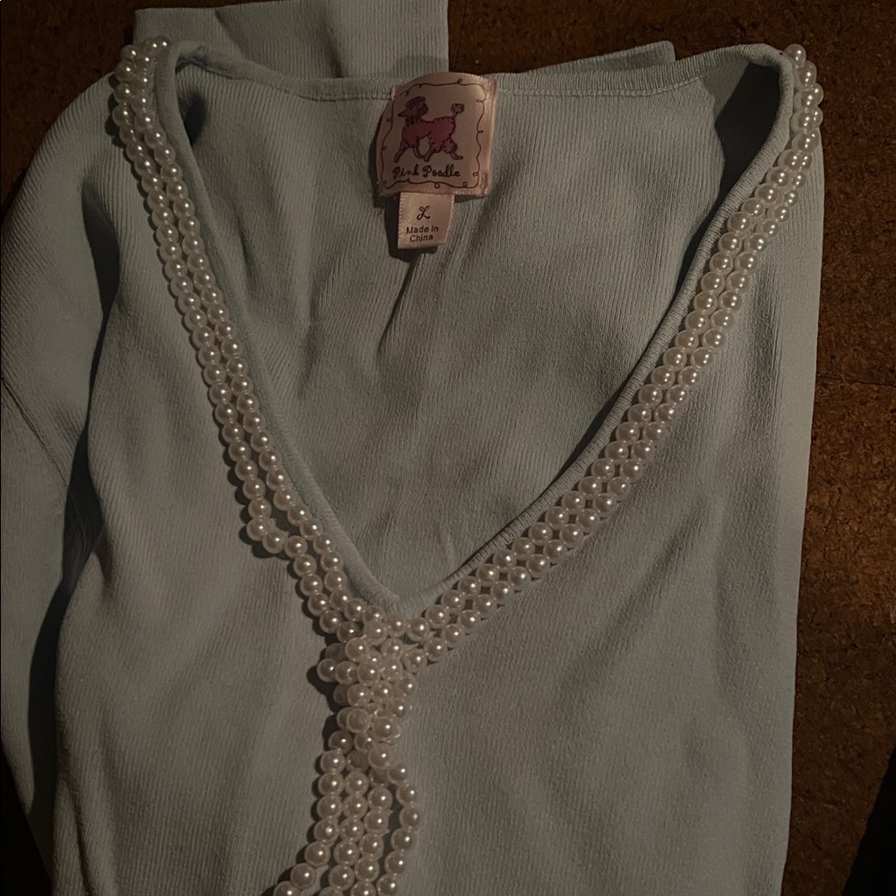 Chic Blue Top with Pearl Accents